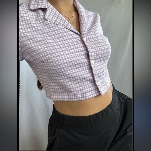 John Galt Size XS Brandy Melville Vivian Top Purple Plaid Preppy Collared Crop - Picture 4 of 12